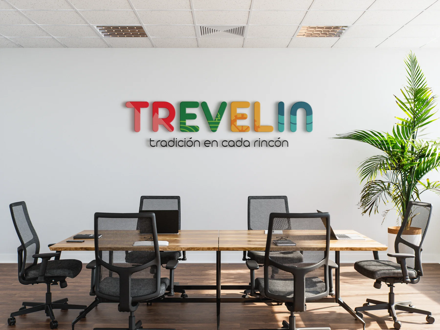 Logotipo de Trevelin aplicado en una oficina