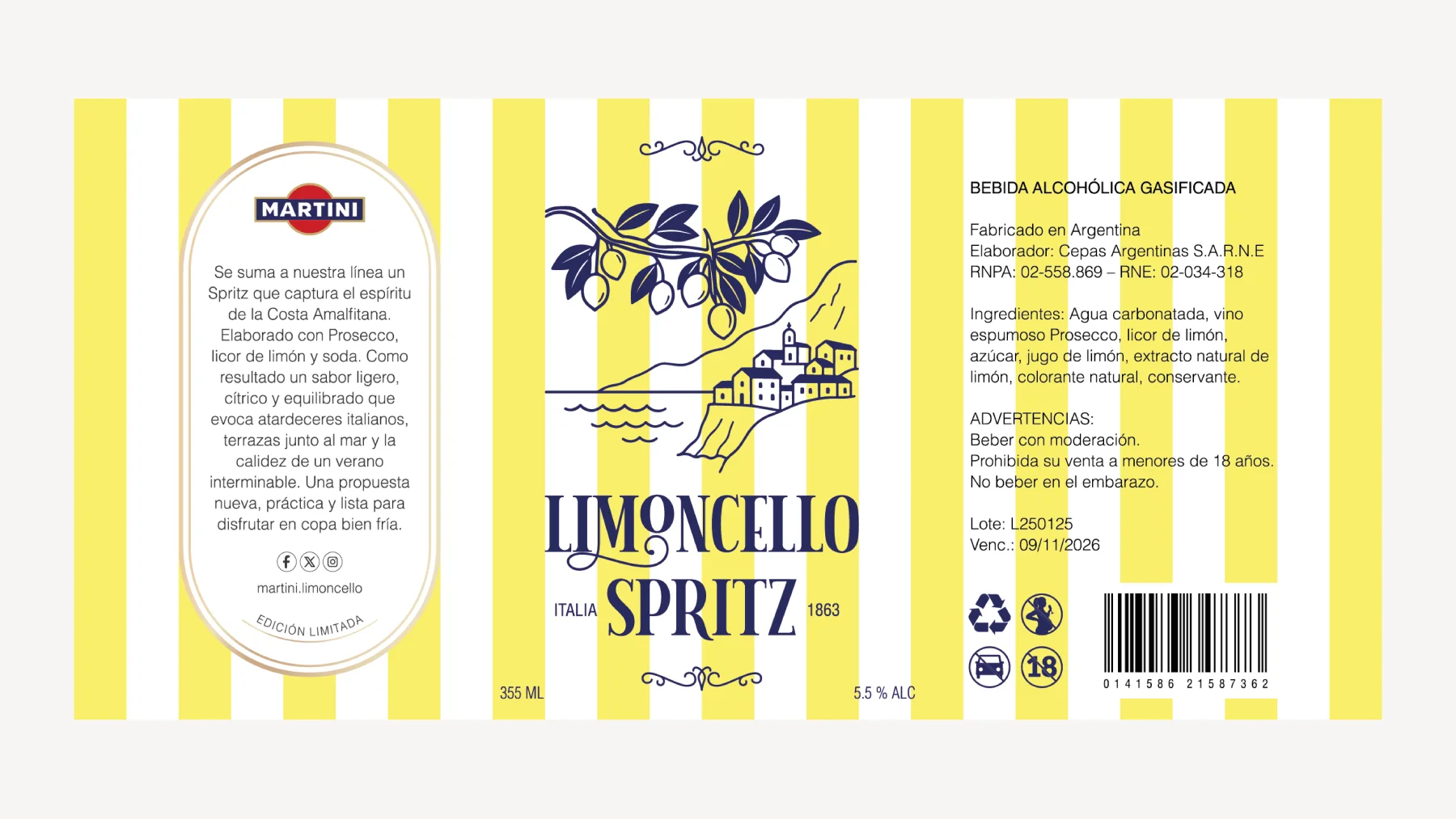 Diseño desplegado de la etiqueta Limoncello Spritz